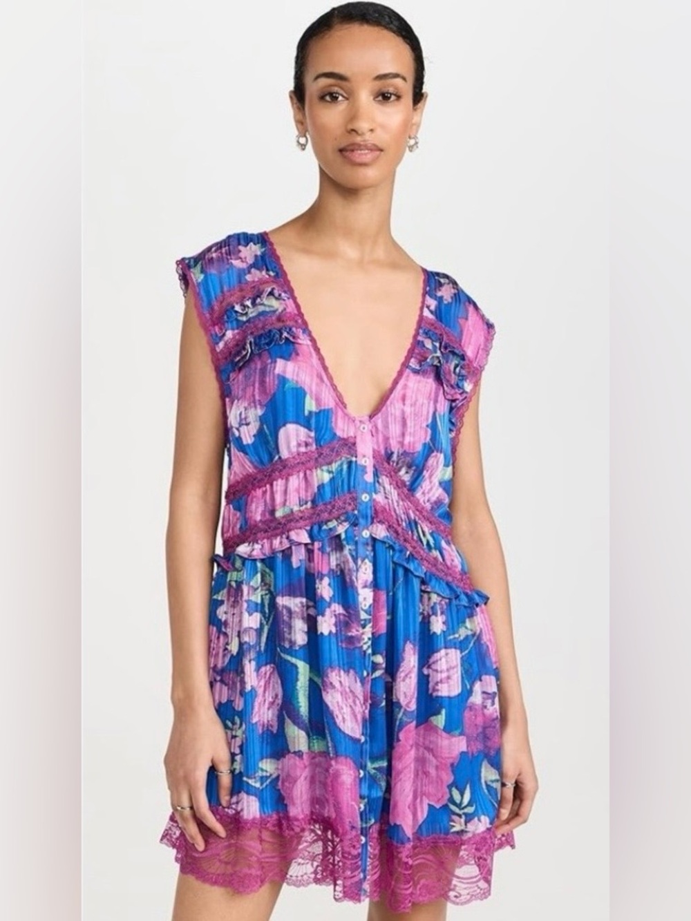 Free People | Women’s Blue/Plum Floral Vneck Button Front Sleeveless Dress Sz S